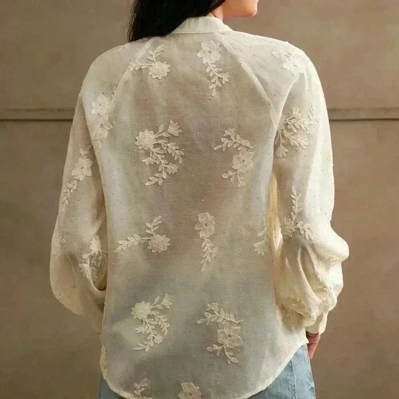 Apricot Elegant Women's V-Neck Lantern Sleeve Rhinestone Holiday Shirt - Picture 3 of 6